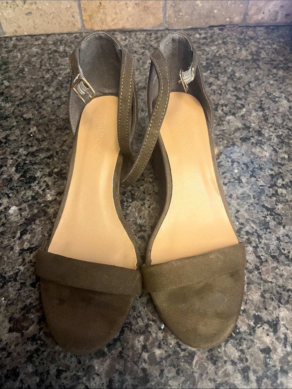 Bamboo Olive Faux Suede Ankle Strap Sandals 7.5